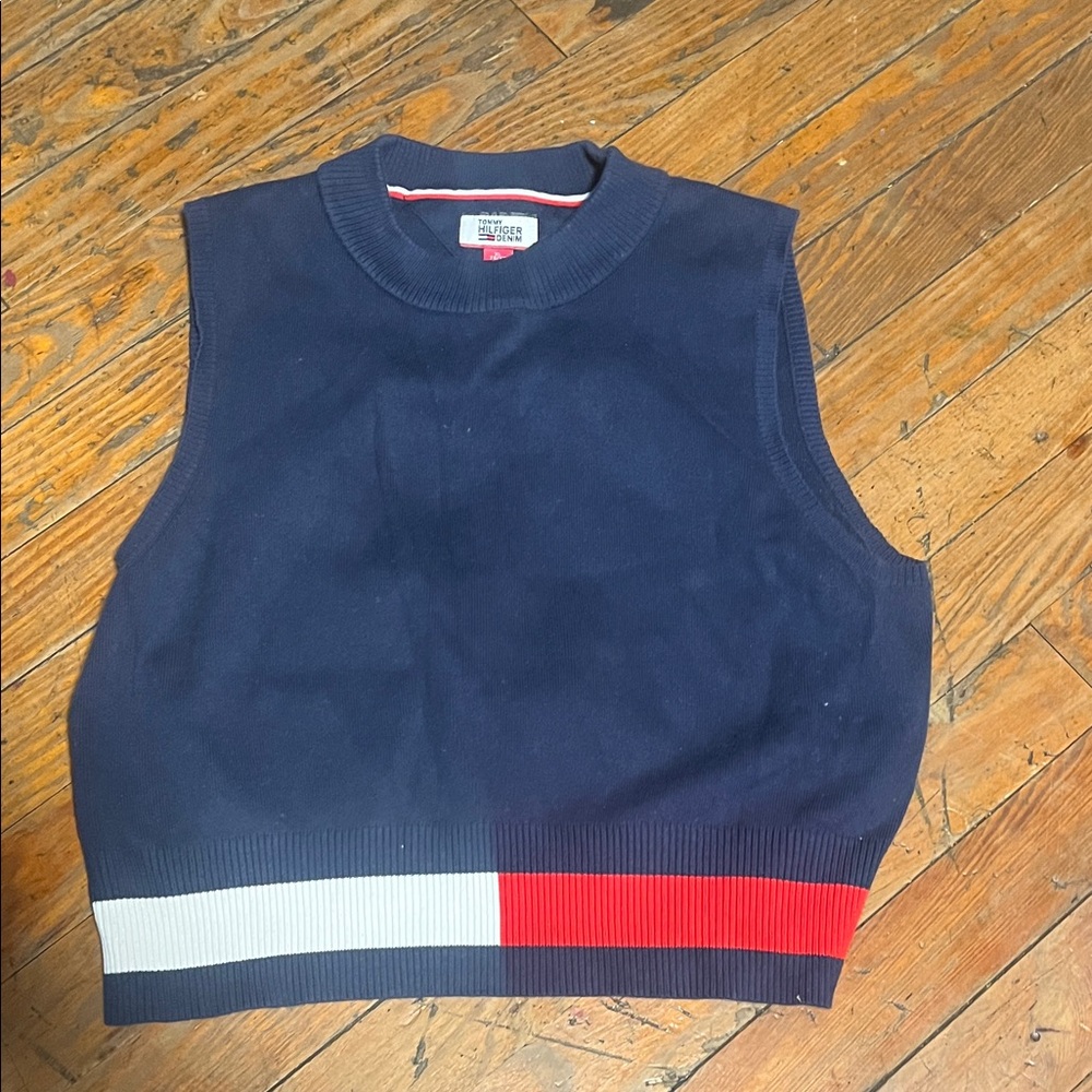 Tommy Hilfiger Navy Knit Cropped Vest with Red & White Hem